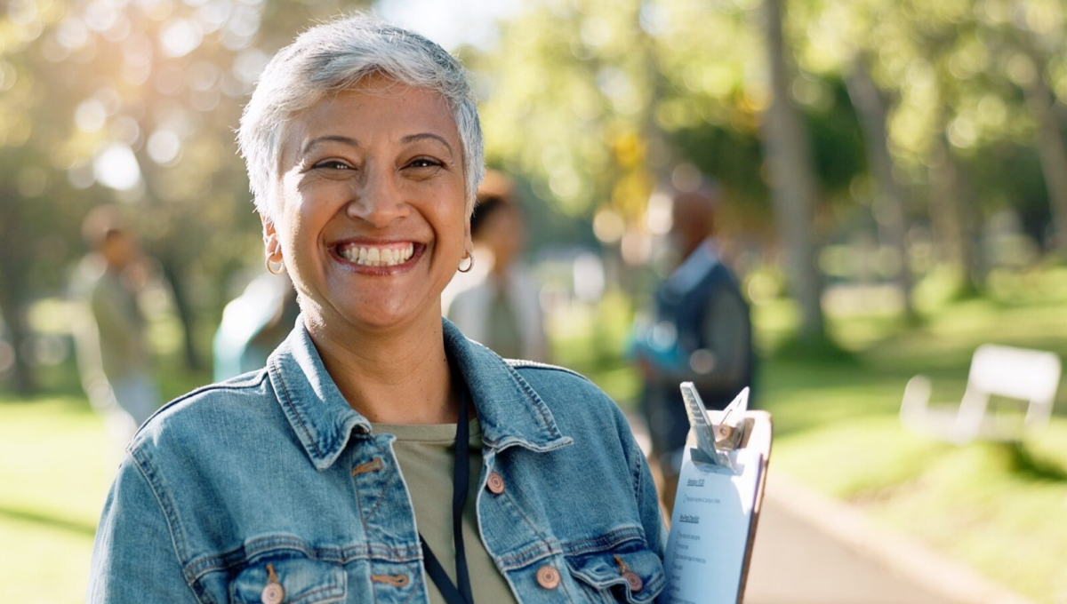 Charity woman and portrait of volunteer with clip 2024 06 04 16 22 34 utc